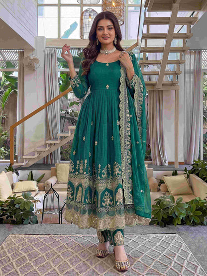 Elegant Teal Embroidered Anarkali Gown Set with Dupatta