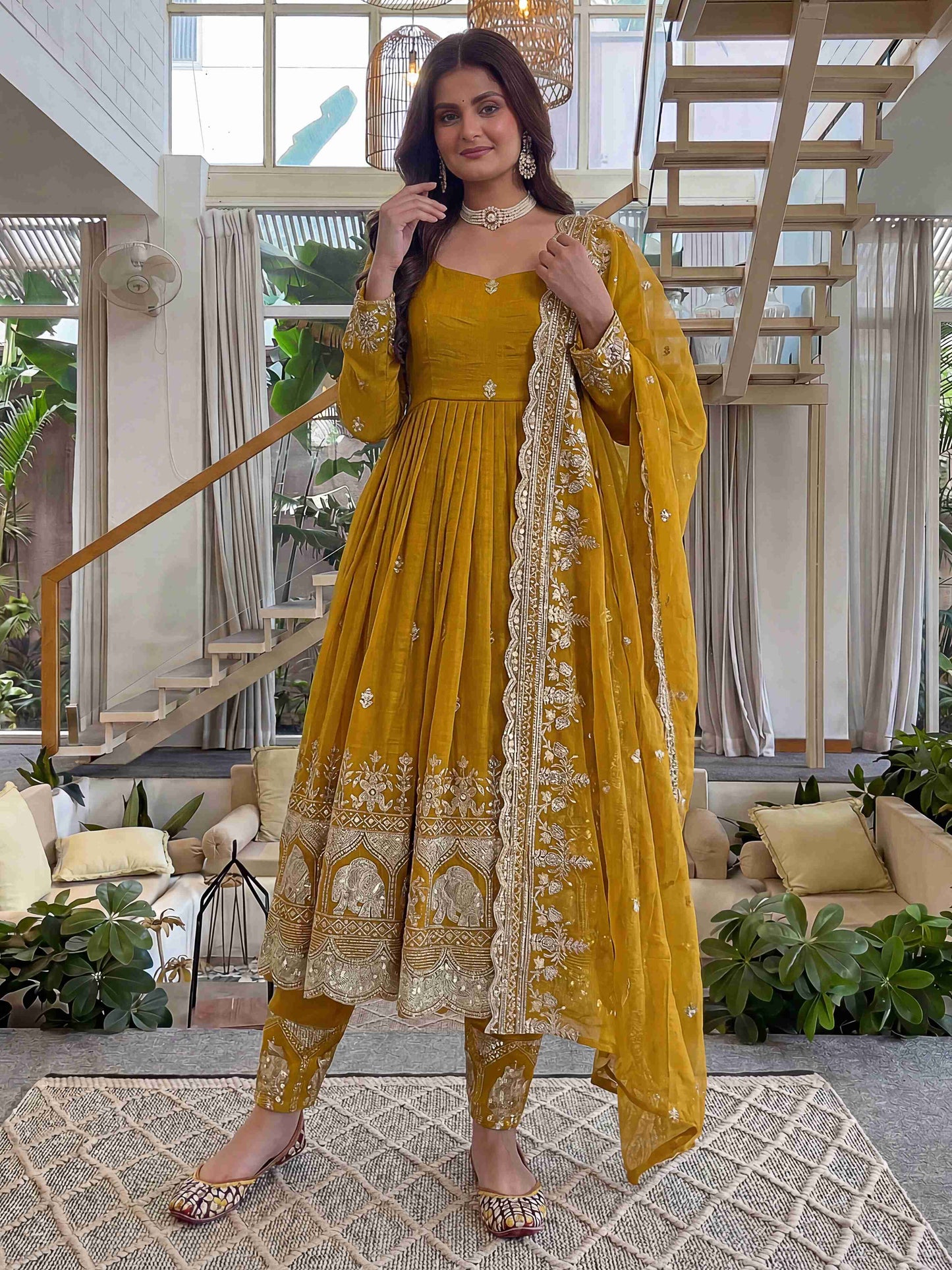 "Regal Mustard Embroidered Anarkali Gown Set with Dupatta"