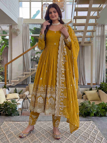 "Regal Mustard Embroidered Anarkali Gown Set with Dupatta"