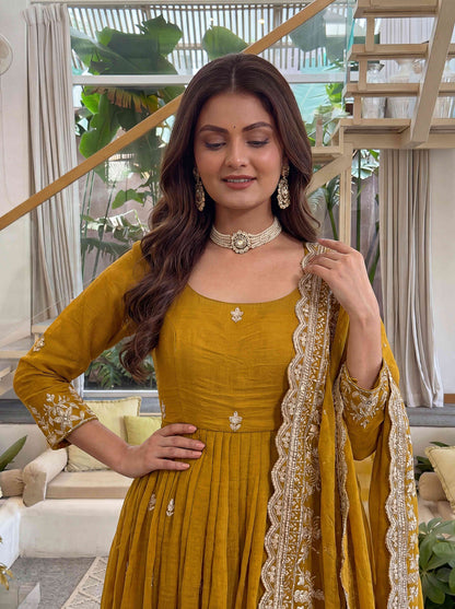"Regal Mustard Embroidered Anarkali Gown Set with Dupatta"