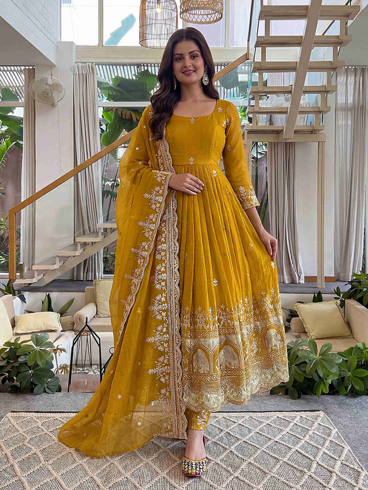 "Regal Mustard Embroidered Anarkali Gown Set with Dupatta"