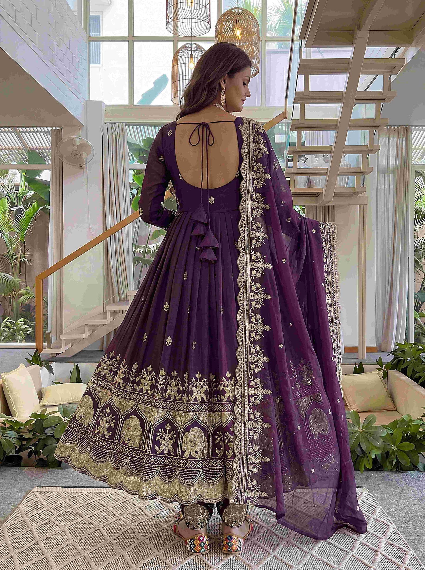 Elegant Plum Purple Embroidered Anarkali Gown Set with Dupatta