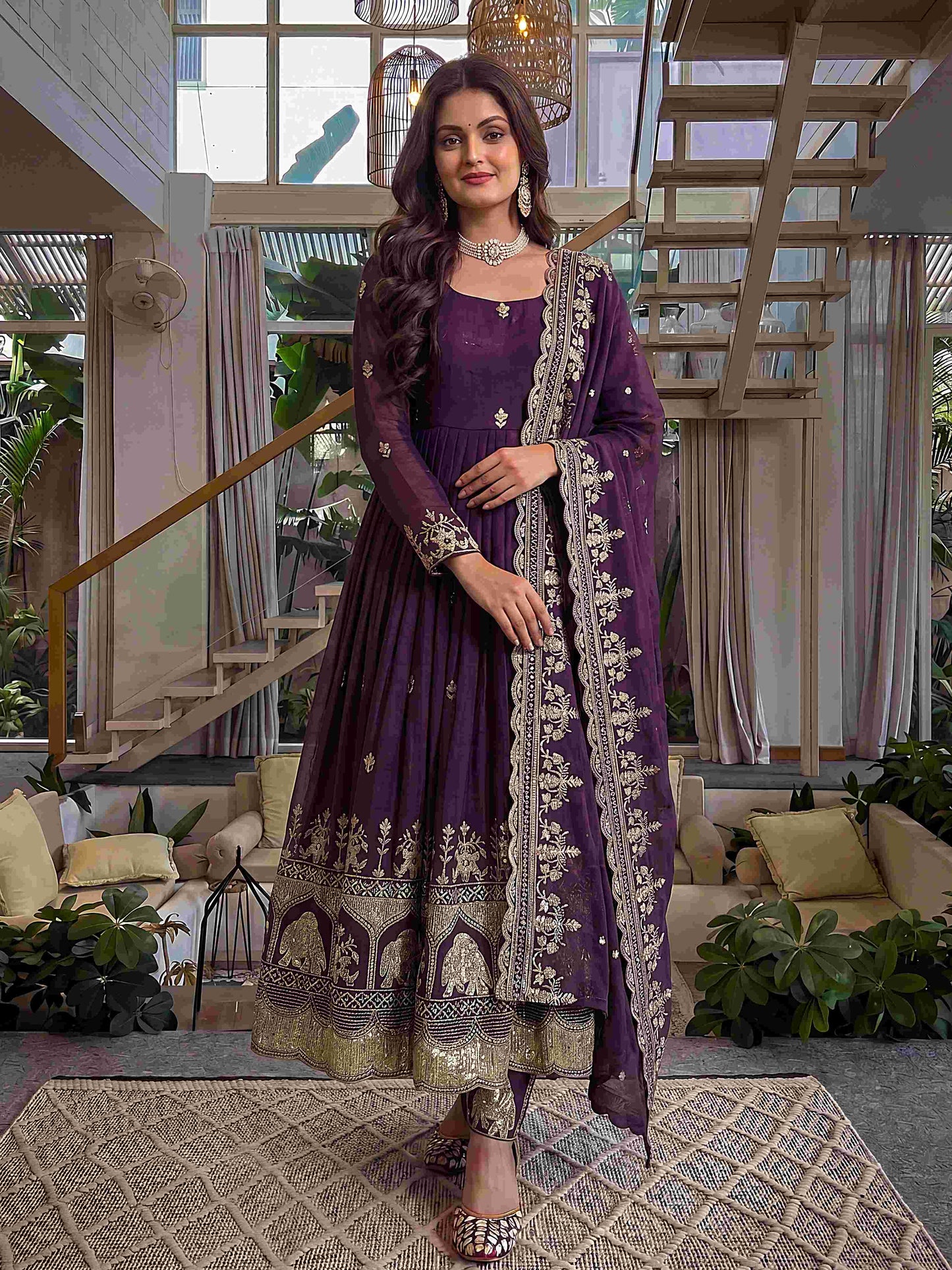 Elegant Plum Purple Embroidered Anarkali Gown Set with Dupatta