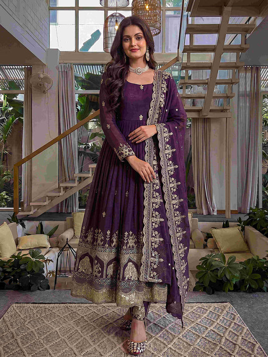 Elegant Plum Purple Embroidered Anarkali Gown Set with Dupatta