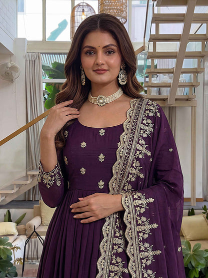 Elegant Plum Purple Embroidered Anarkali Gown Set with Dupatta