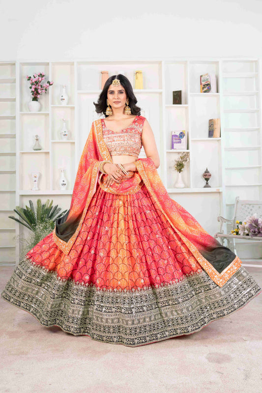 Pretty Radiant Orange Digital Print Sequence Bandhni Designer Lehenga Choli With Dupatta