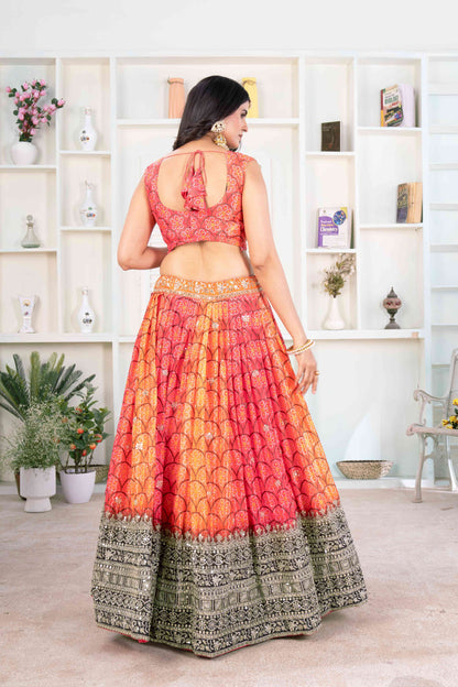 Pretty Radiant Orange Digital Print Sequence Bandhni Designer Lehenga Choli With Dupatta