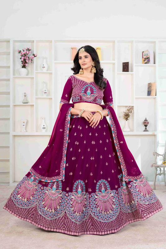 Rich Wine Sequence worked Embroidery Designer Lehenga Choli With Dupatta