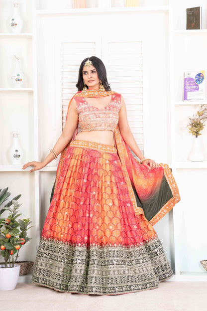 Pretty Radiant Orange Digital Print Sequence Bandhni Designer Lehenga Choli With Dupatta