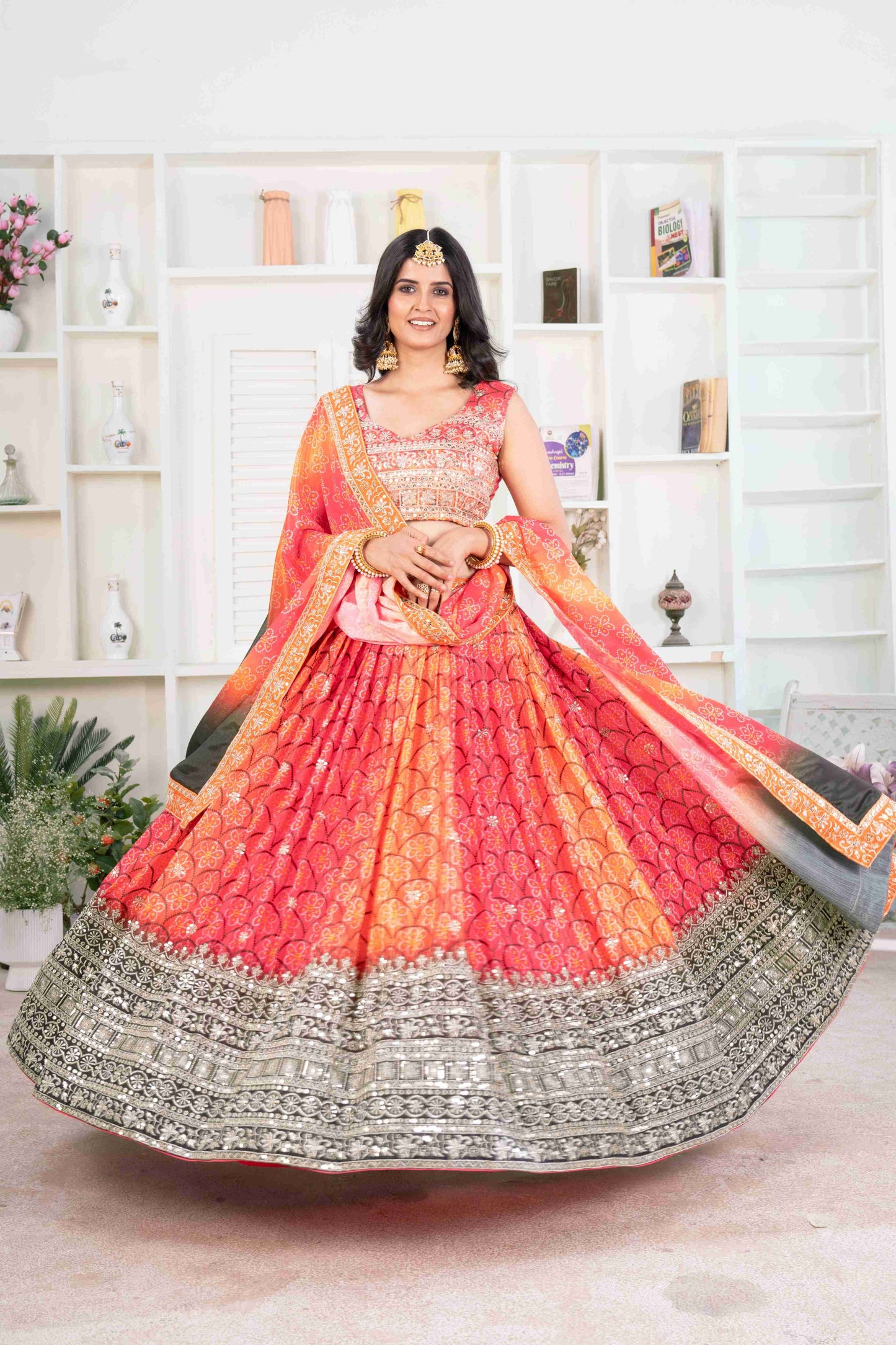 Pretty Radiant Orange Digital Print Sequence Bandhni Designer Lehenga Choli With Dupatta
