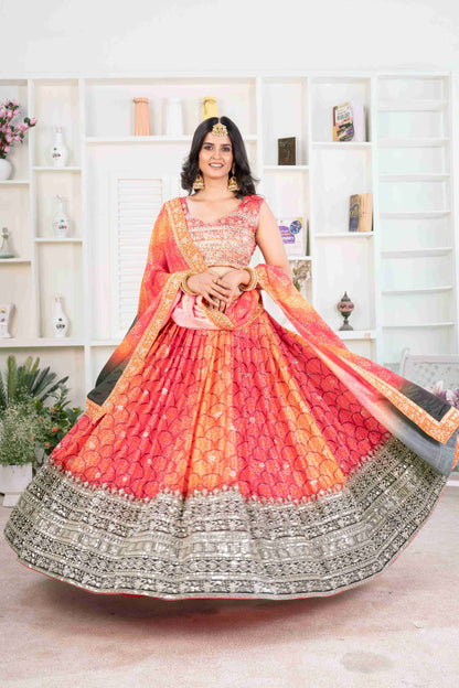 Pretty Radiant Orange Digital Print Sequence Bandhni Designer Lehenga Choli With Dupatta