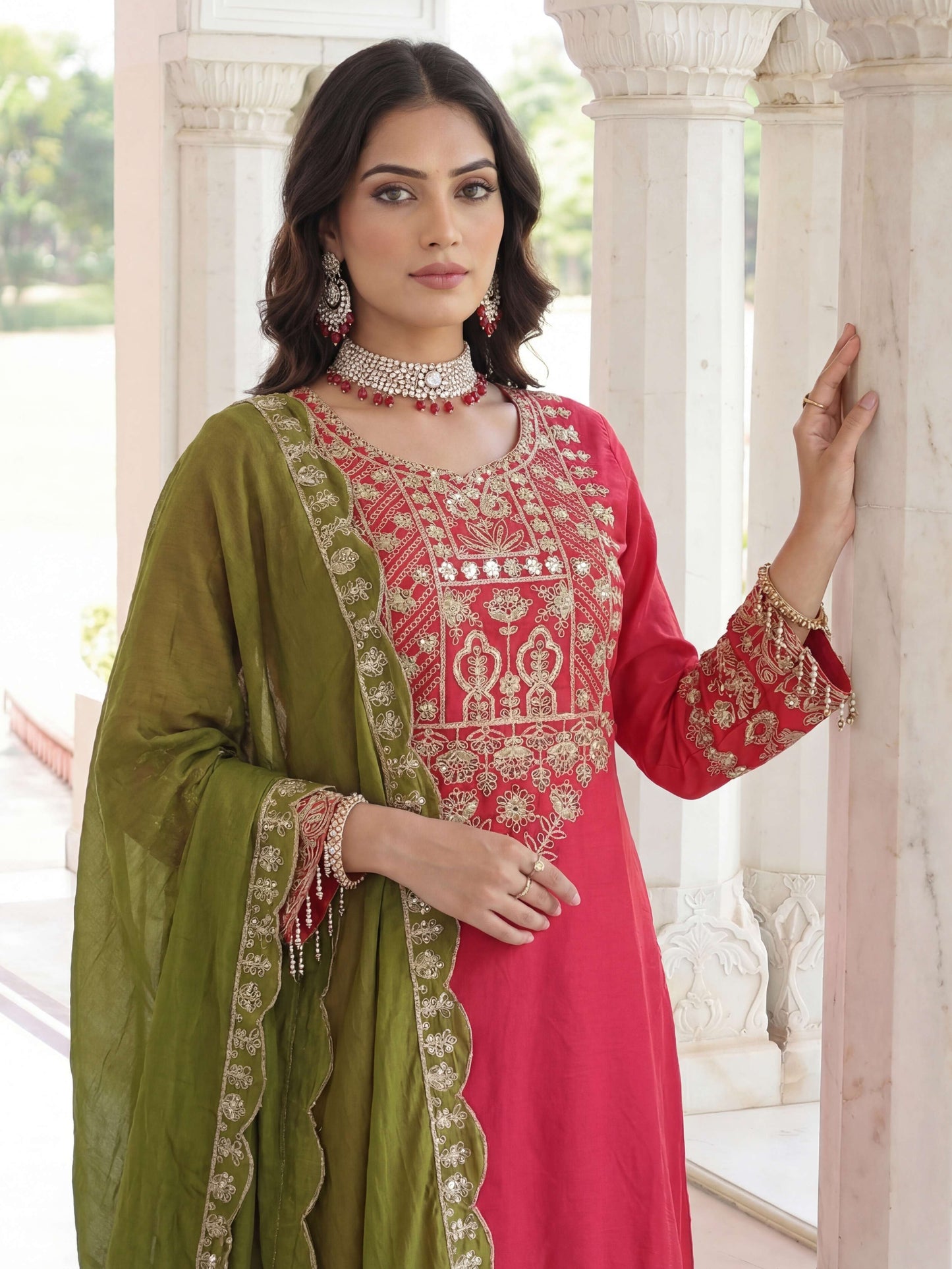 Elegant Red Chinon Silk Kurti Contrast Bottom Embroidered Sequence Designer Function Wear Kurta Salwar Suit