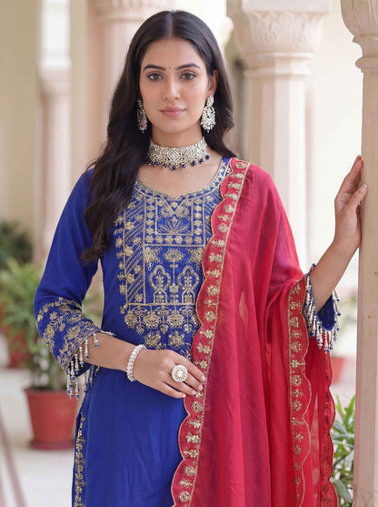 Regal Royal Blue Chinon Silk Kurti Contrast Bottom Embroidered Sequence Designer Function Wear Kurta Salwar Suit