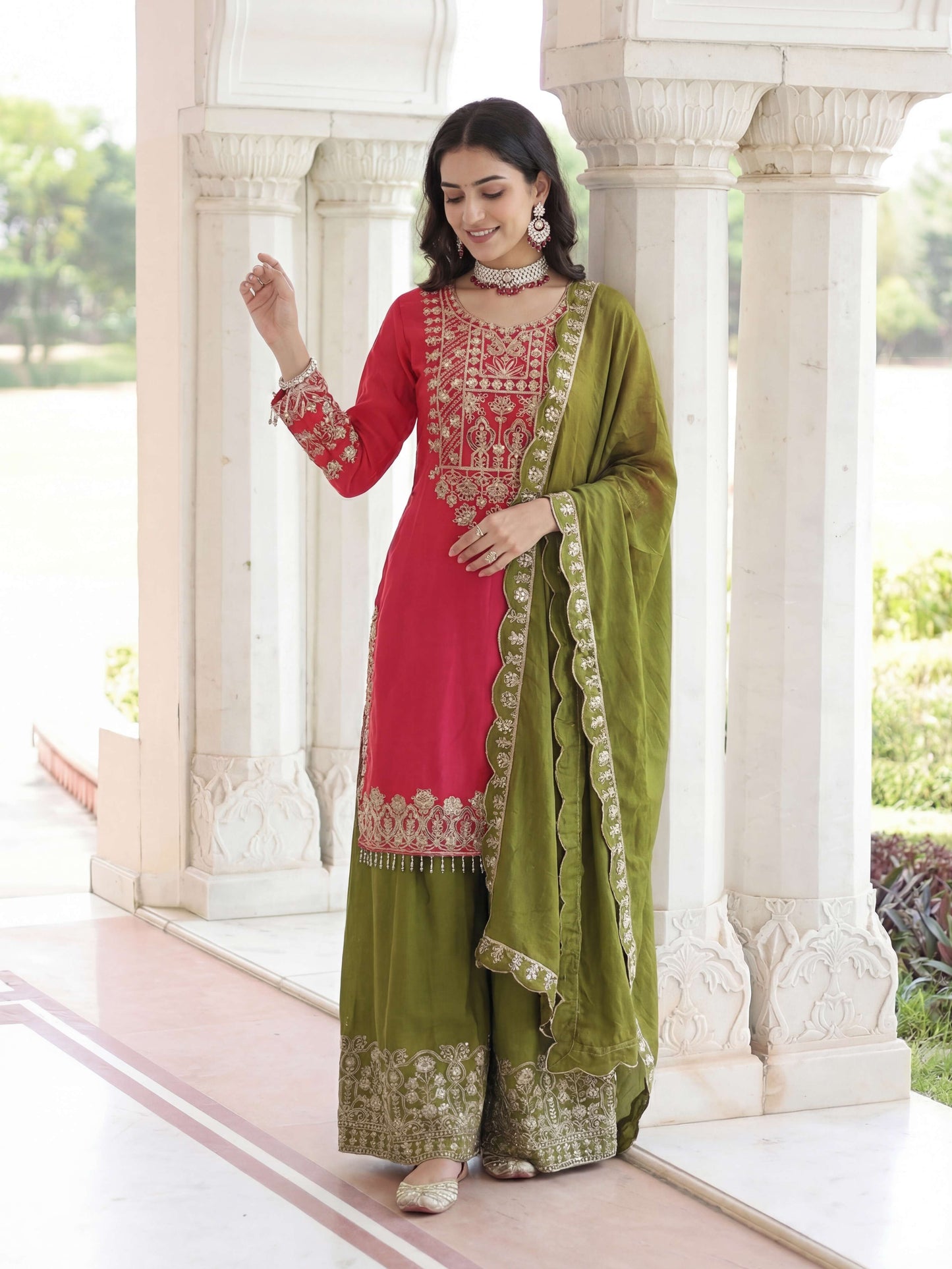 Elegant Red Chinon Silk Kurti Contrast Bottom Embroidered Sequence Designer Function Wear Kurta Salwar Suit