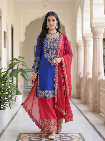 Regal Royal Blue Chinon Silk Kurti Contrast Bottom Embroidered Sequence Designer Function Wear Kurta Salwar Suit