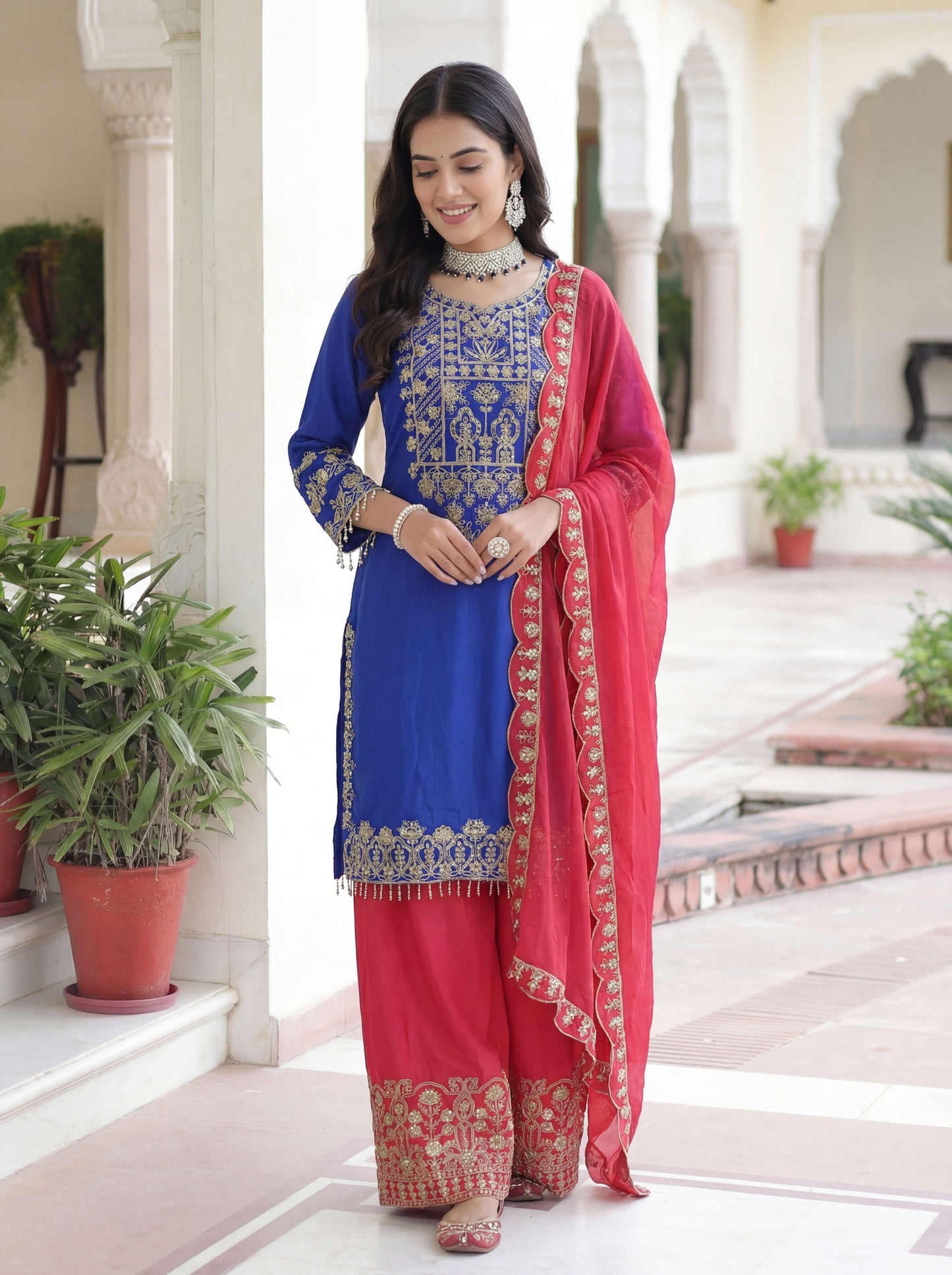 Regal Royal Blue Chinon Silk Kurti Contrast Bottom Embroidered Sequence Designer Function Wear Kurta Salwar Suit
