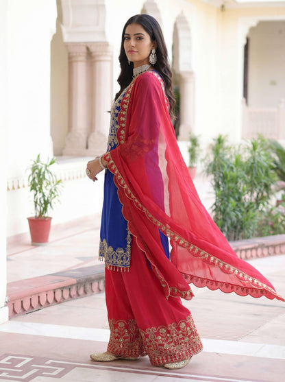 Regal Royal Blue Chinon Silk Kurti Contrast Bottom Embroidered Sequence Designer Function Wear Kurta Salwar Suit