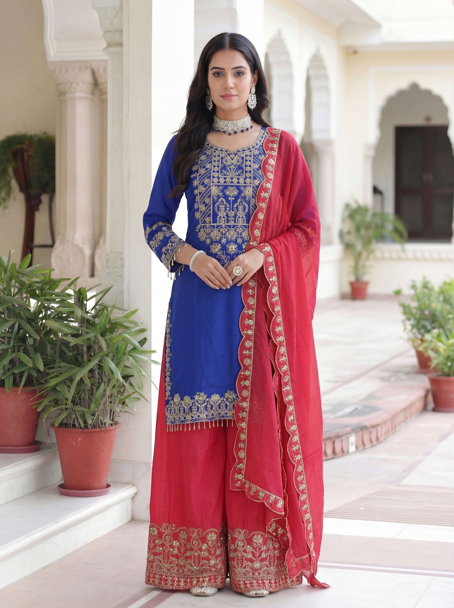 Regal Royal Blue Chinon Silk Kurti Contrast Bottom Embroidered Sequence Designer Function Wear Kurta Salwar Suit