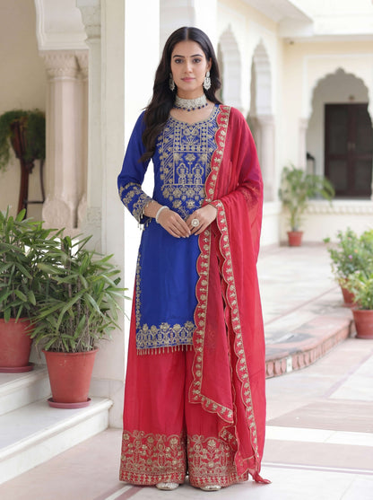 Regal Royal Blue Chinon Silk Kurti Contrast Bottom Embroidered Sequence Designer Function Wear Kurta Salwar Suit