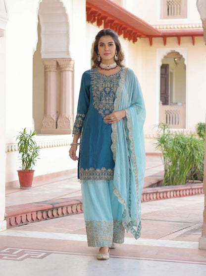 Mesmerized Teal Blue Chinon Silk Kurti Contrast Bottom Embroidered Sequence Designer Function Wear Kurta Salwar Suit