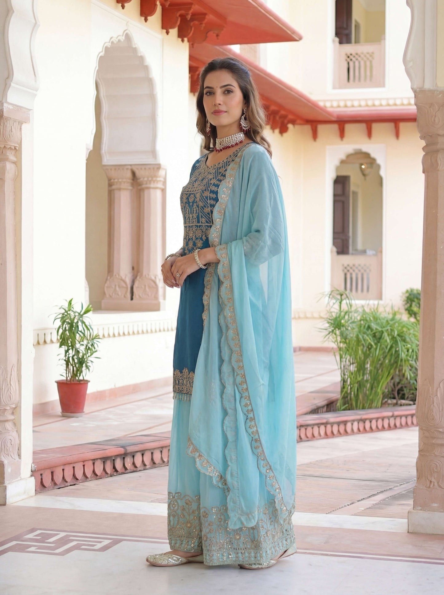 Mesmerized Teal Blue Chinon Silk Kurti Contrast Bottom Embroidered Sequence Designer Function Wear Kurta Salwar Suit