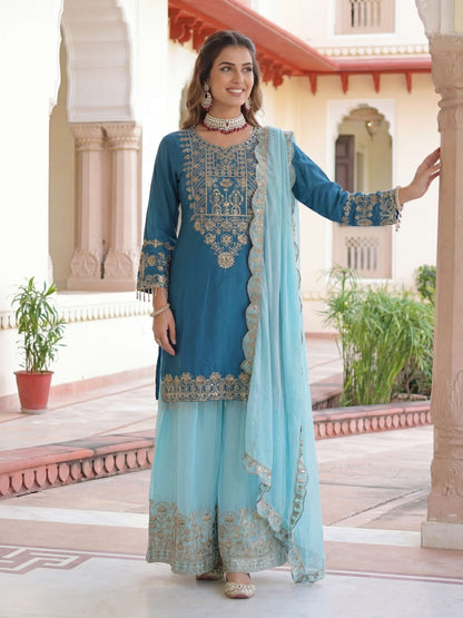 Mesmerized Teal Blue Chinon Silk Kurti Contrast Bottom Embroidered Sequence Designer Function Wear Kurta Salwar Suit