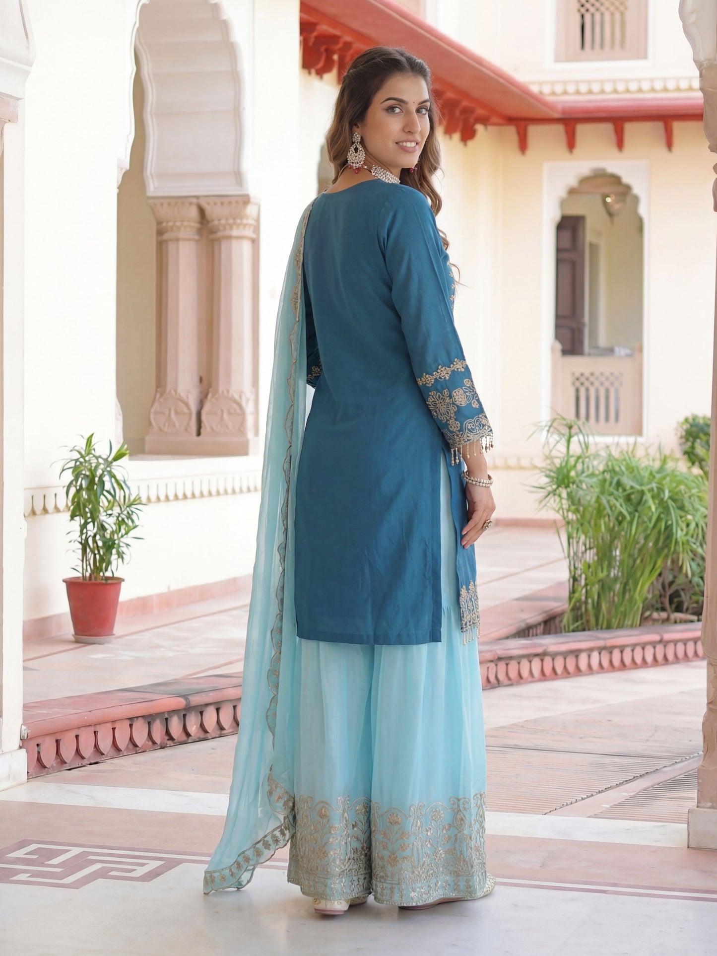 Mesmerized Teal Blue Chinon Silk Kurti Contrast Bottom Embroidered Sequence Designer Function Wear Kurta Salwar Suit