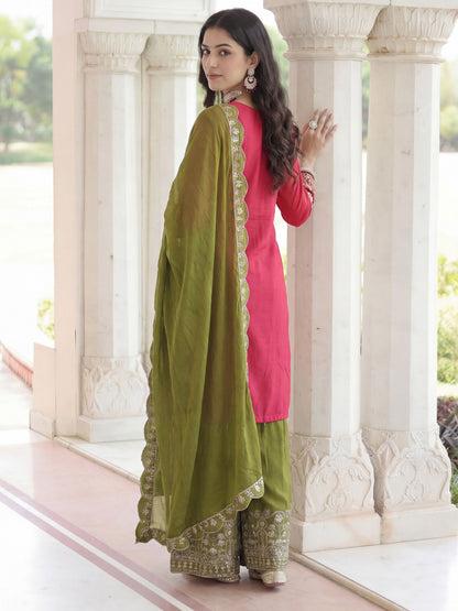 Elegant Red Chinon Silk Kurti Contrast Bottom Embroidered Sequence Designer Function Wear Kurta Salwar Suit