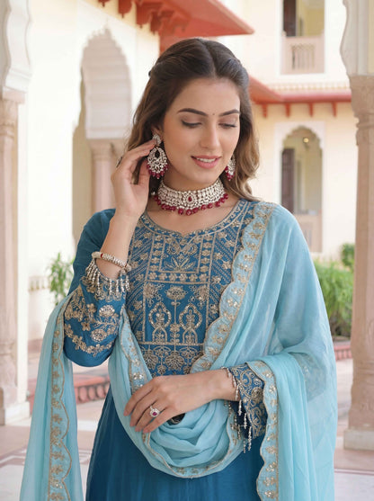 Mesmerized Teal Blue Chinon Silk Kurti Contrast Bottom Embroidered Sequence Designer Function Wear Kurta Salwar Suit