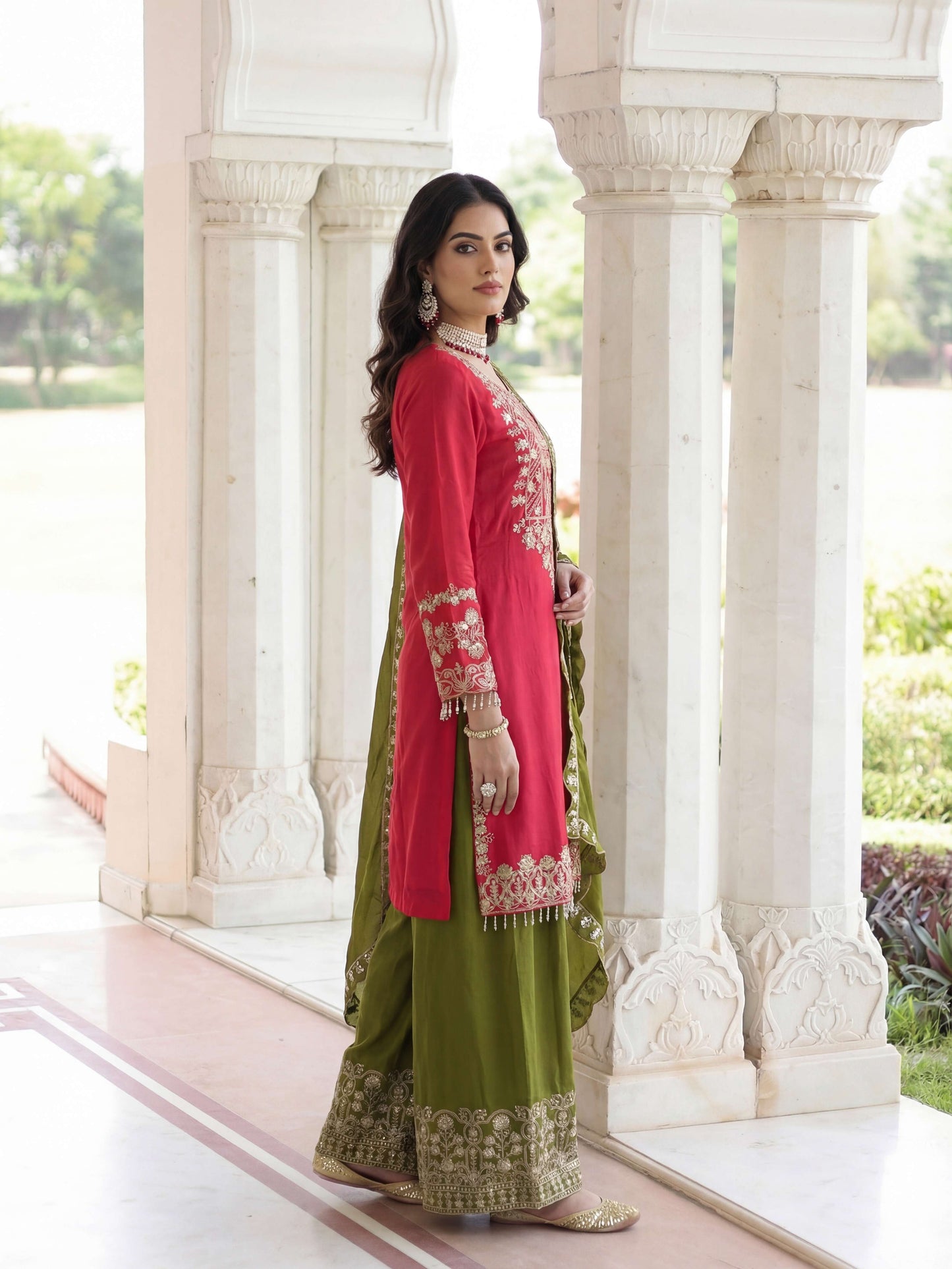 Elegant Red Chinon Silk Kurti Contrast Bottom Embroidered Sequence Designer Function Wear Kurta Salwar Suit