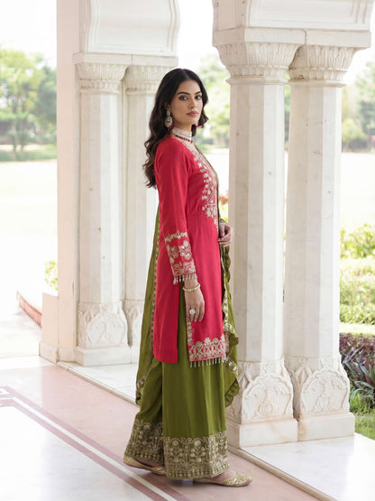 Elegant Red Chinon Silk Kurti Contrast Bottom Embroidered Sequence Designer Function Wear Kurta Salwar Suit
