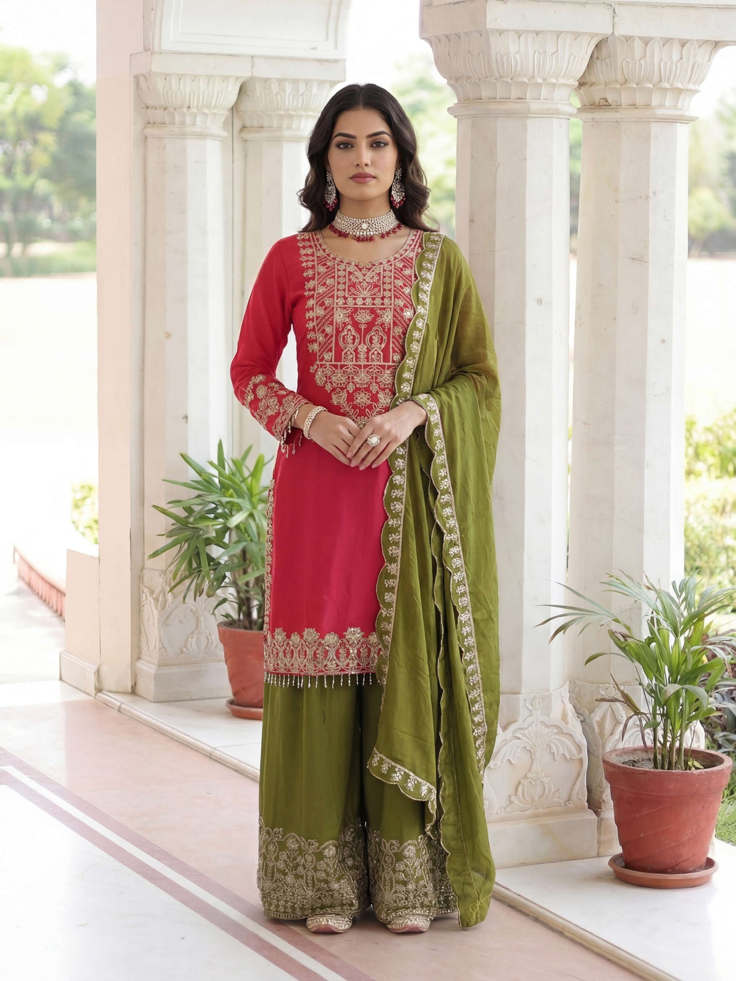 Elegant Red Chinon Silk Kurti Contrast Bottom Embroidered Sequence Designer Function Wear Kurta Salwar Suit