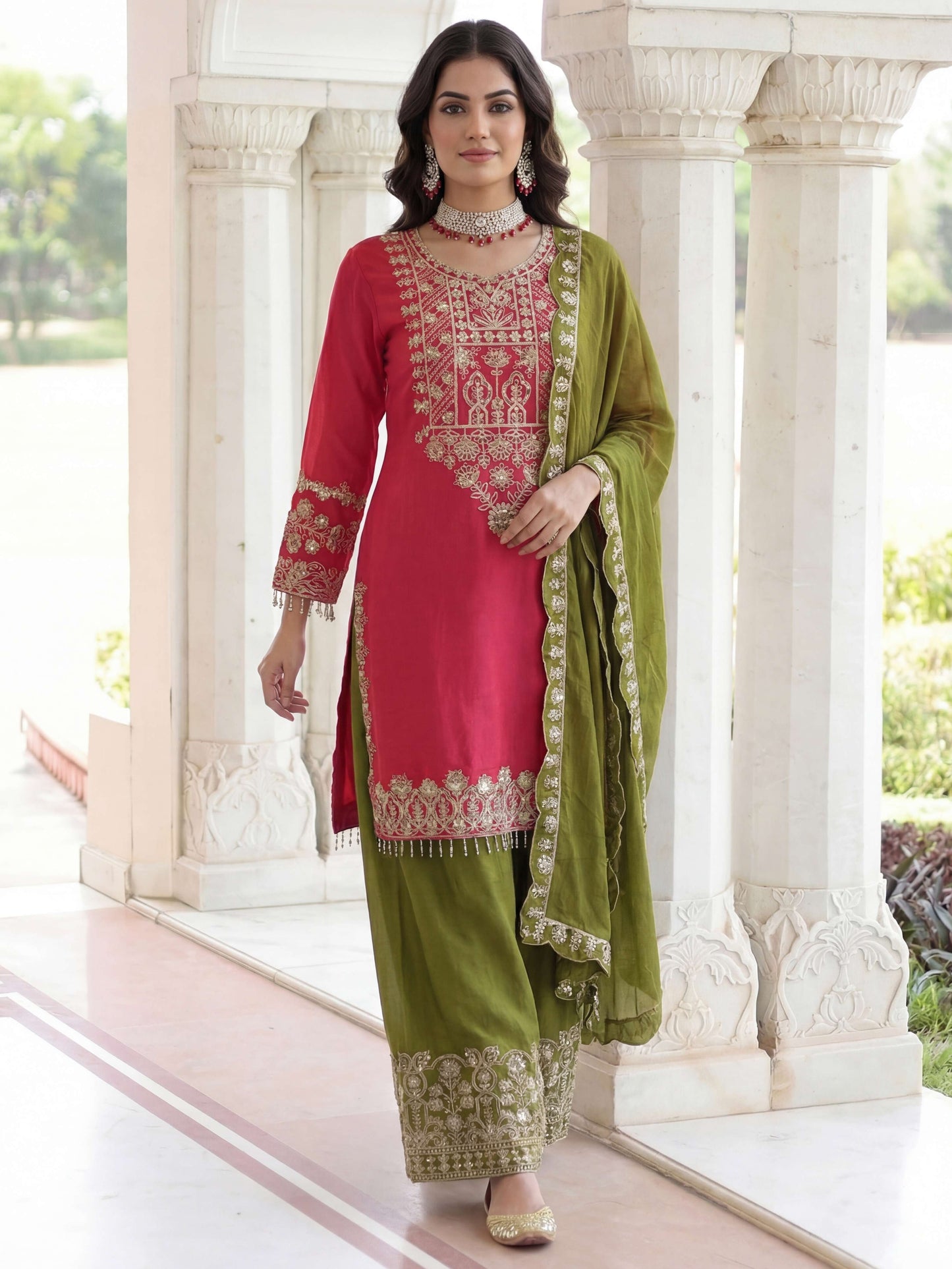 Elegant Red Chinon Silk Kurti Contrast Bottom Embroidered Sequence Designer Function Wear Kurta Salwar Suit