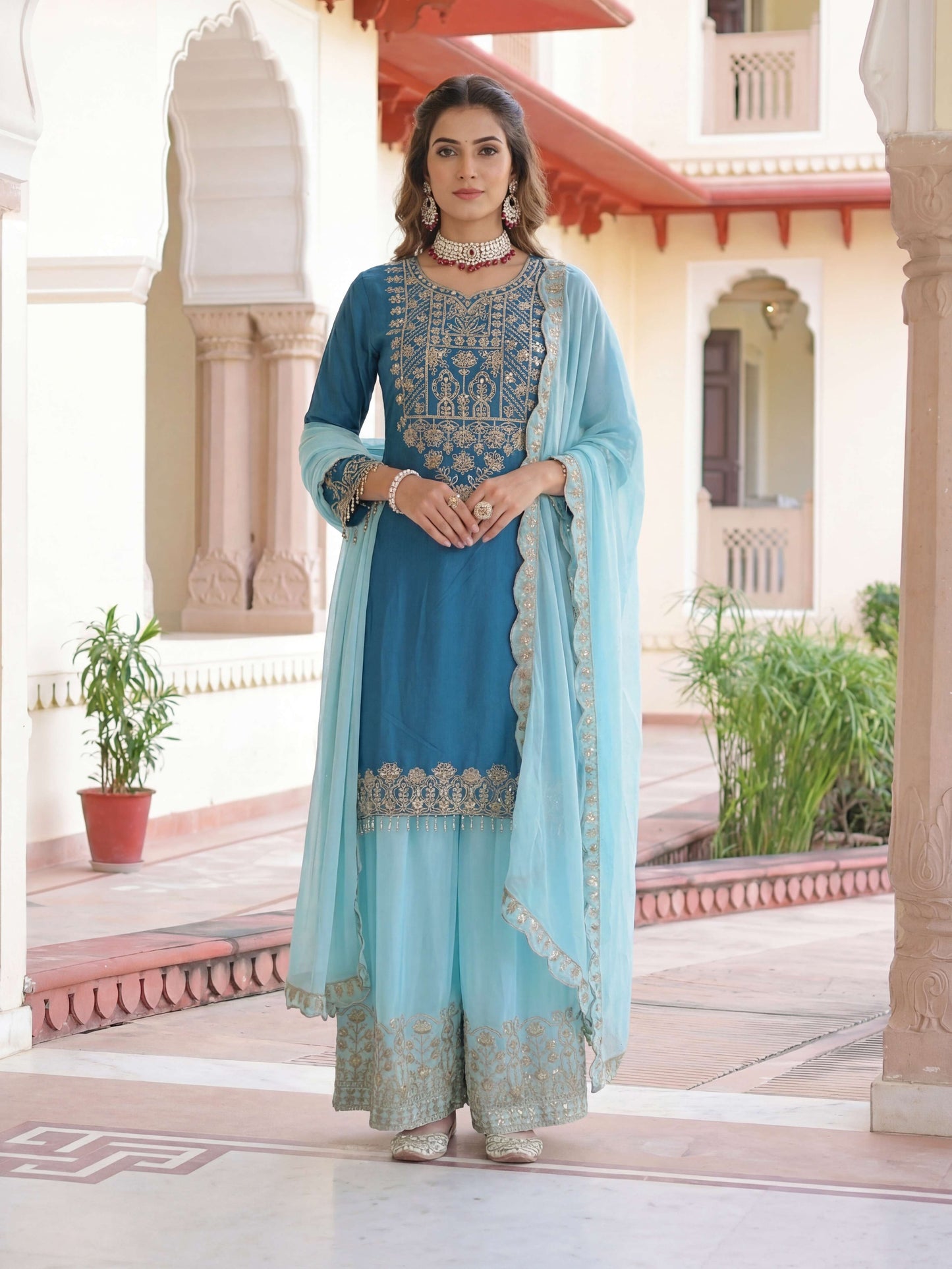 Mesmerized Teal Blue Chinon Silk Kurti Contrast Bottom Embroidered Sequence Designer Function Wear Kurta Salwar Suit