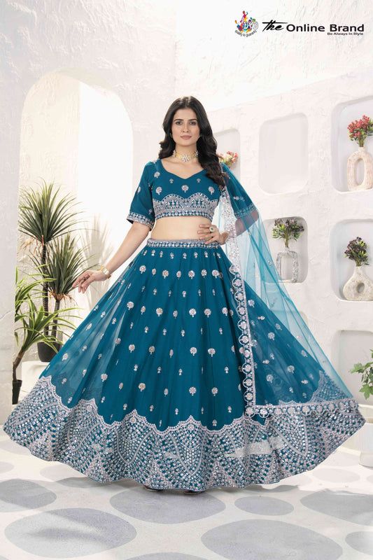 TImeless Teal Blue Embroidery Sequence Party Wear Designer Lehenga Choli & Dupatta
