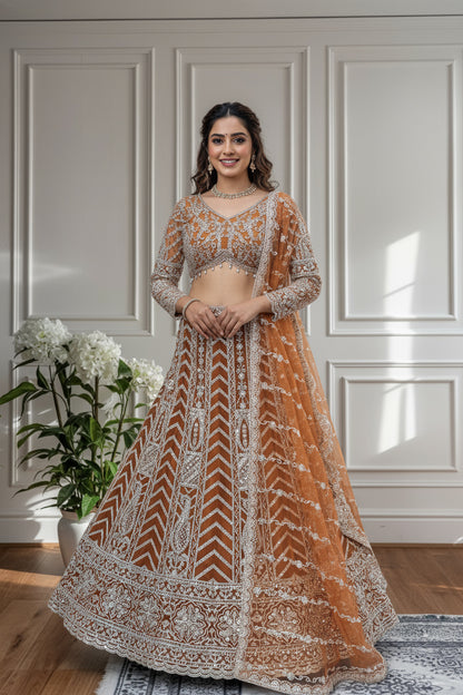 Intricate Rust Orange Butterfly Net Sequnce Designer Bridal Wear Lehenga Choli With Dupatta