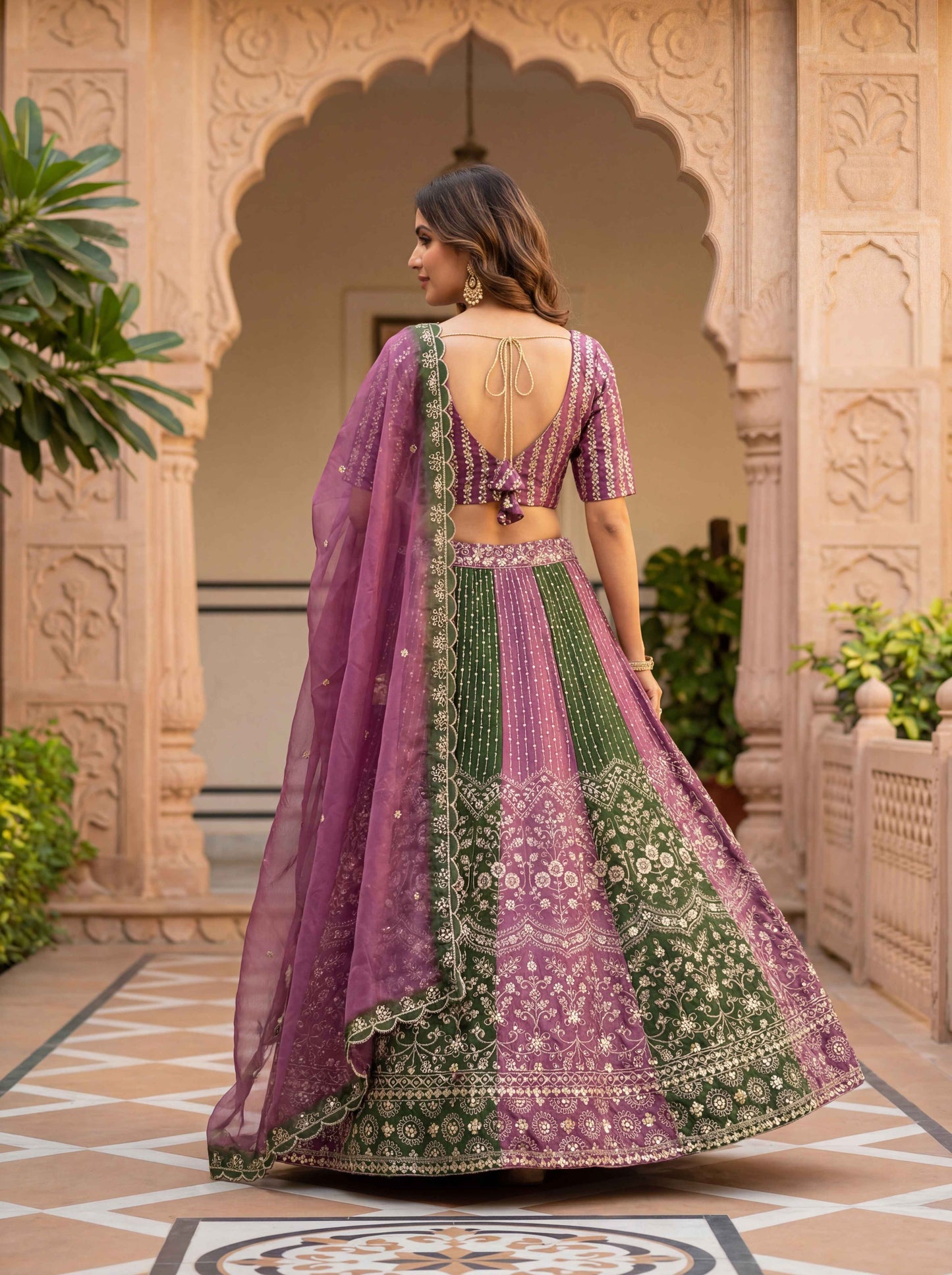 Elevate Purple & Green Chinon Sequence Embroidered Designer Mehndi Wear Lehenga Choli & Dupatta