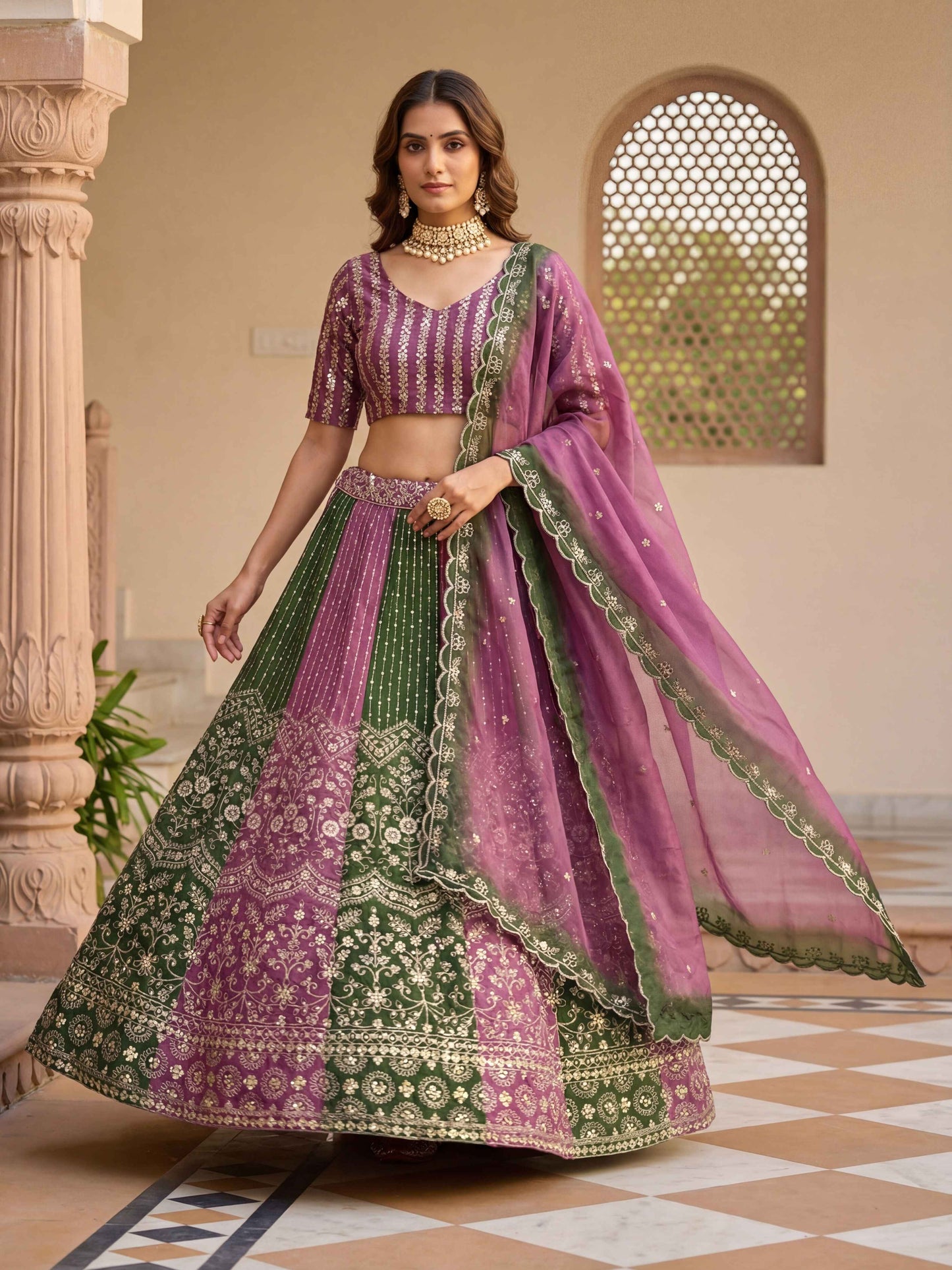 Elevate Purple & Green Chinon Sequence Embroidered Designer Mehndi Wear Lehenga Choli & Dupatta