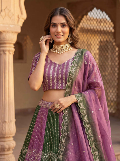 Elevate Purple & Green Chinon Sequence Embroidered Designer Mehndi Wear Lehenga Choli & Dupatta
