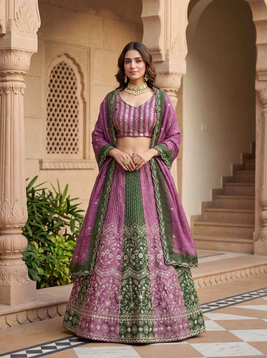 Elevate Purple & Green Chinon Sequence Embroidered Designer Mehndi Wear Lehenga Choli & Dupatta