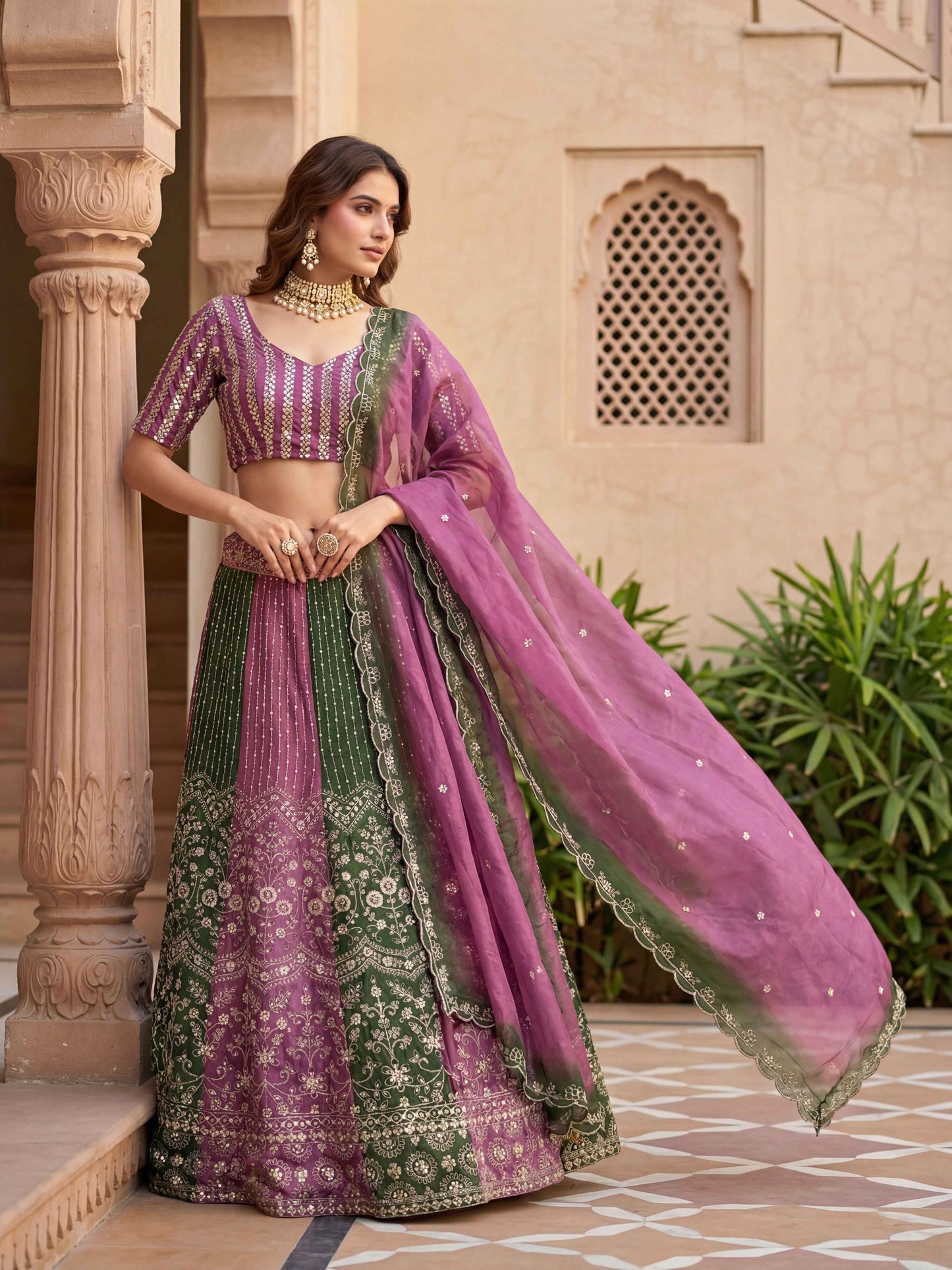 Elevate Purple & Green Chinon Sequence Embroidered Designer Mehndi Wear Lehenga Choli & Dupatta