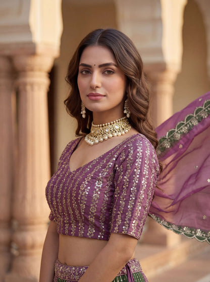Elevate Purple & Green Chinon Sequence Embroidered Designer Mehndi Wear Lehenga Choli & Dupatta
