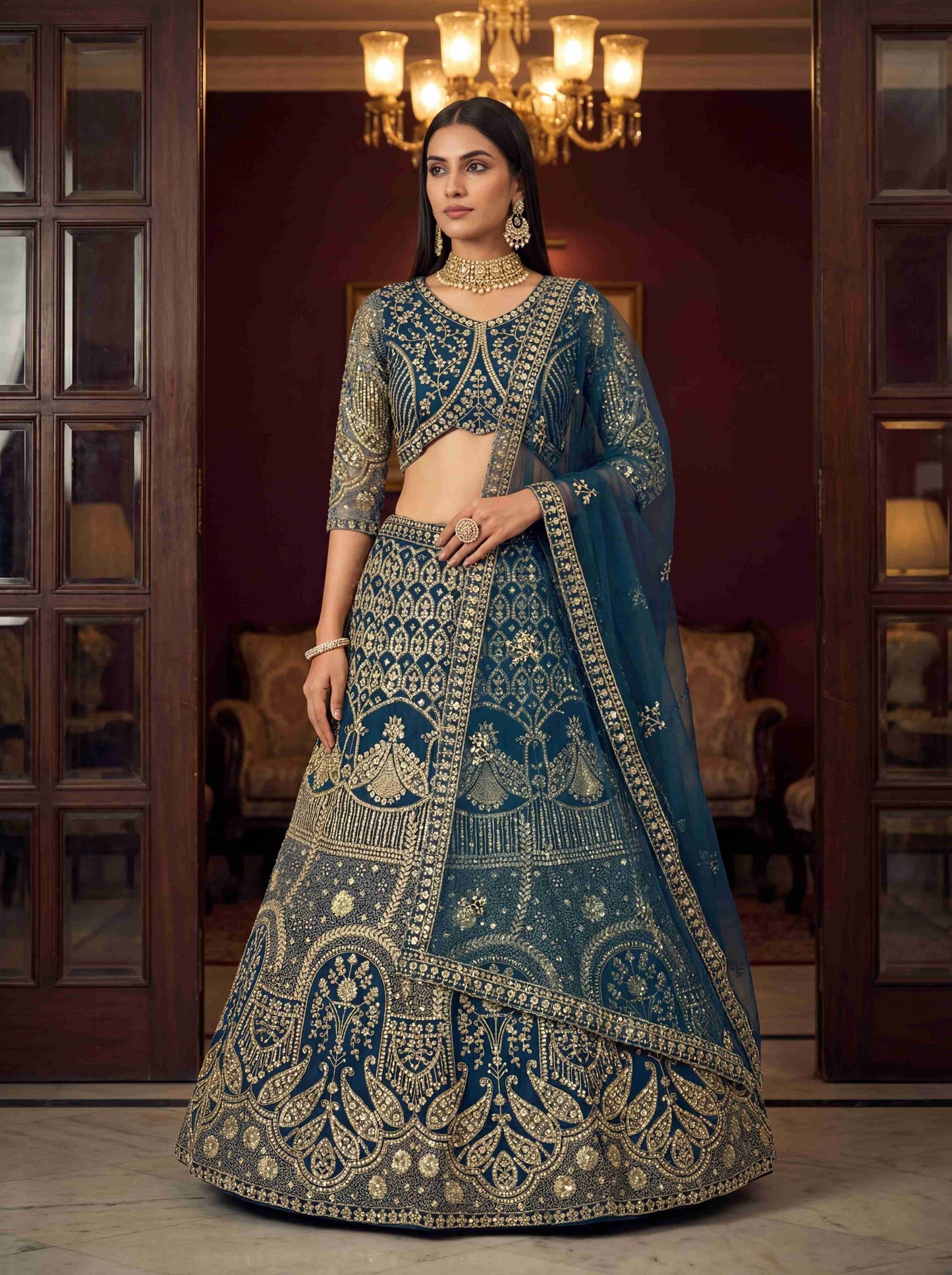 Royal Teal Blue Embroidered Bridal Lehenga Set