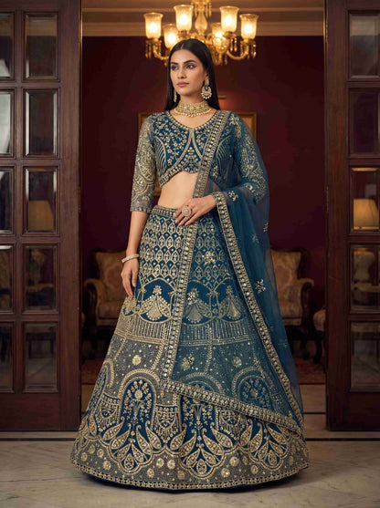 Royal Teal Blue Embroidered Bridal Lehenga Set