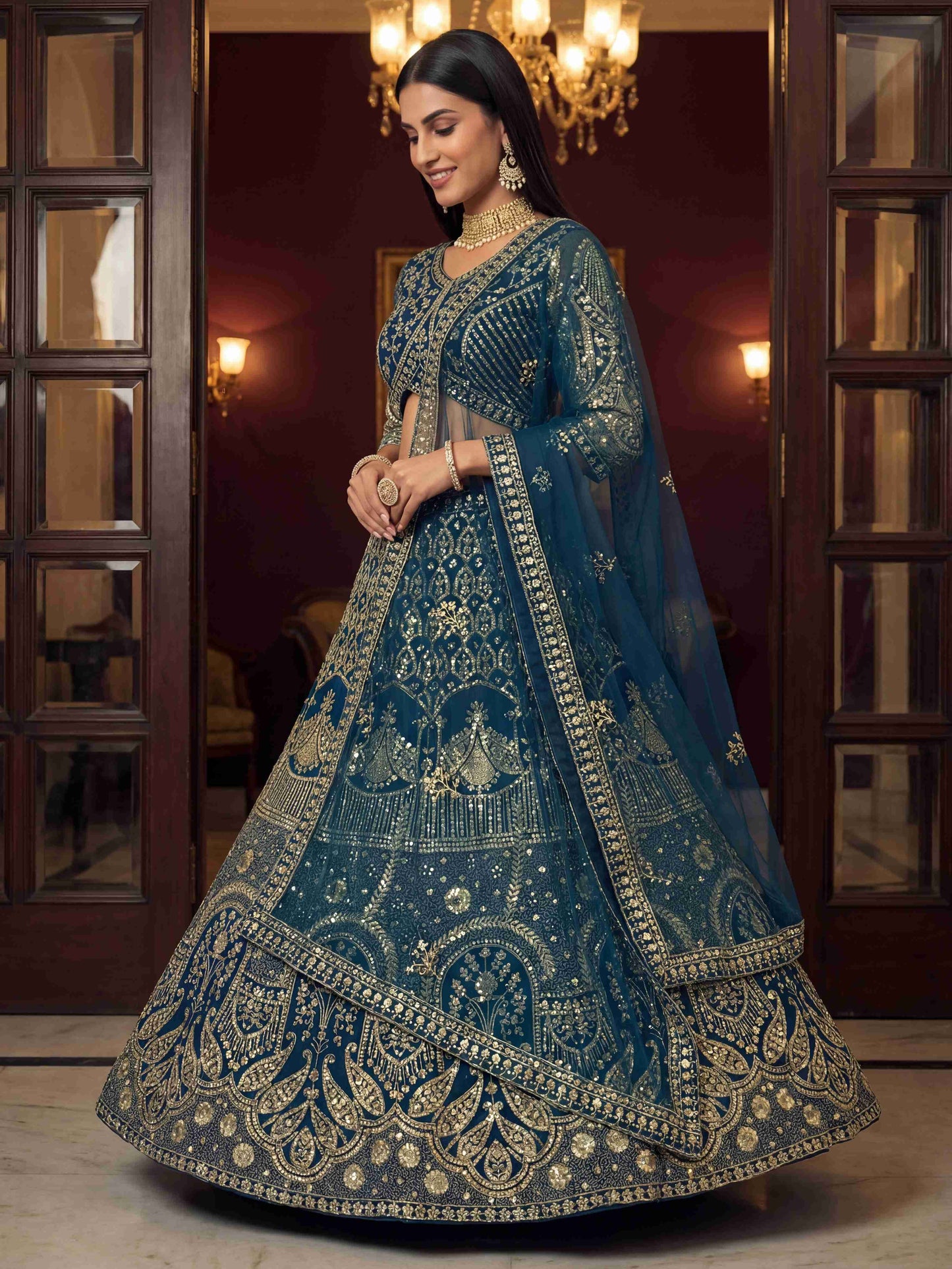 Royal Teal Blue Embroidered Bridal Lehenga Set