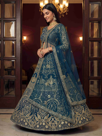 Royal Teal Blue Embroidered Bridal Lehenga Set