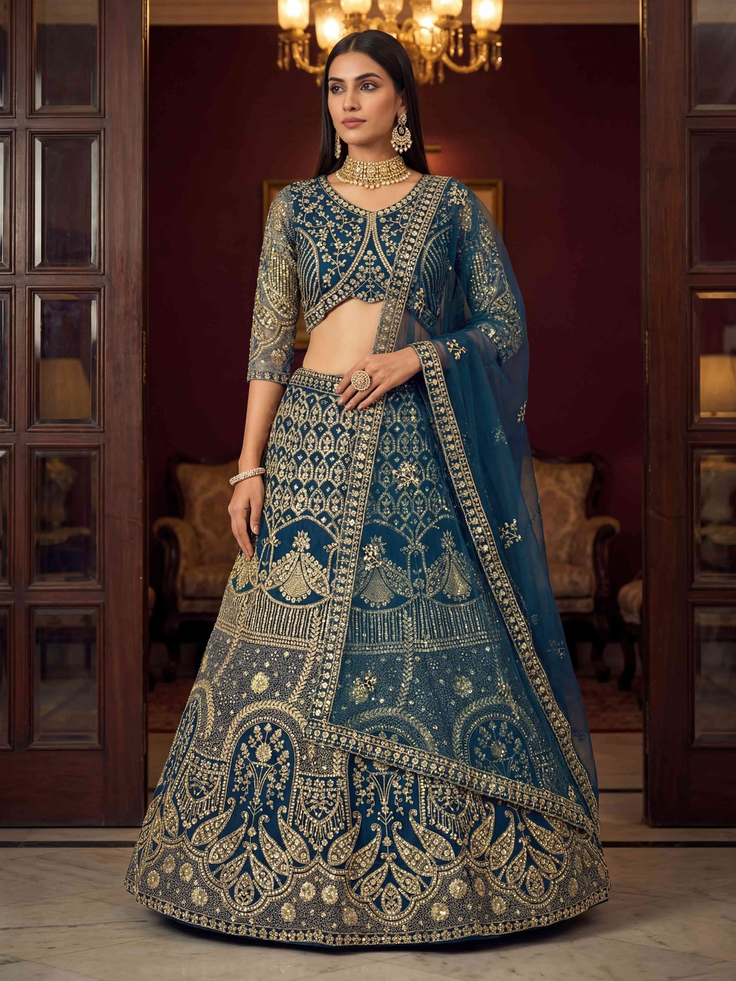 Royal Teal Blue Embroidered Bridal Lehenga Set