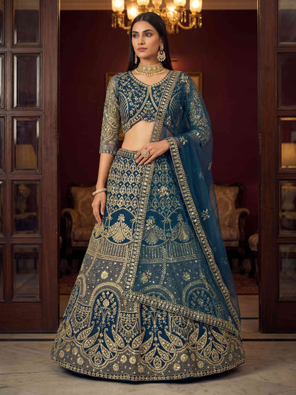 Royal Teal Blue Embroidered Bridal Lehenga Set
