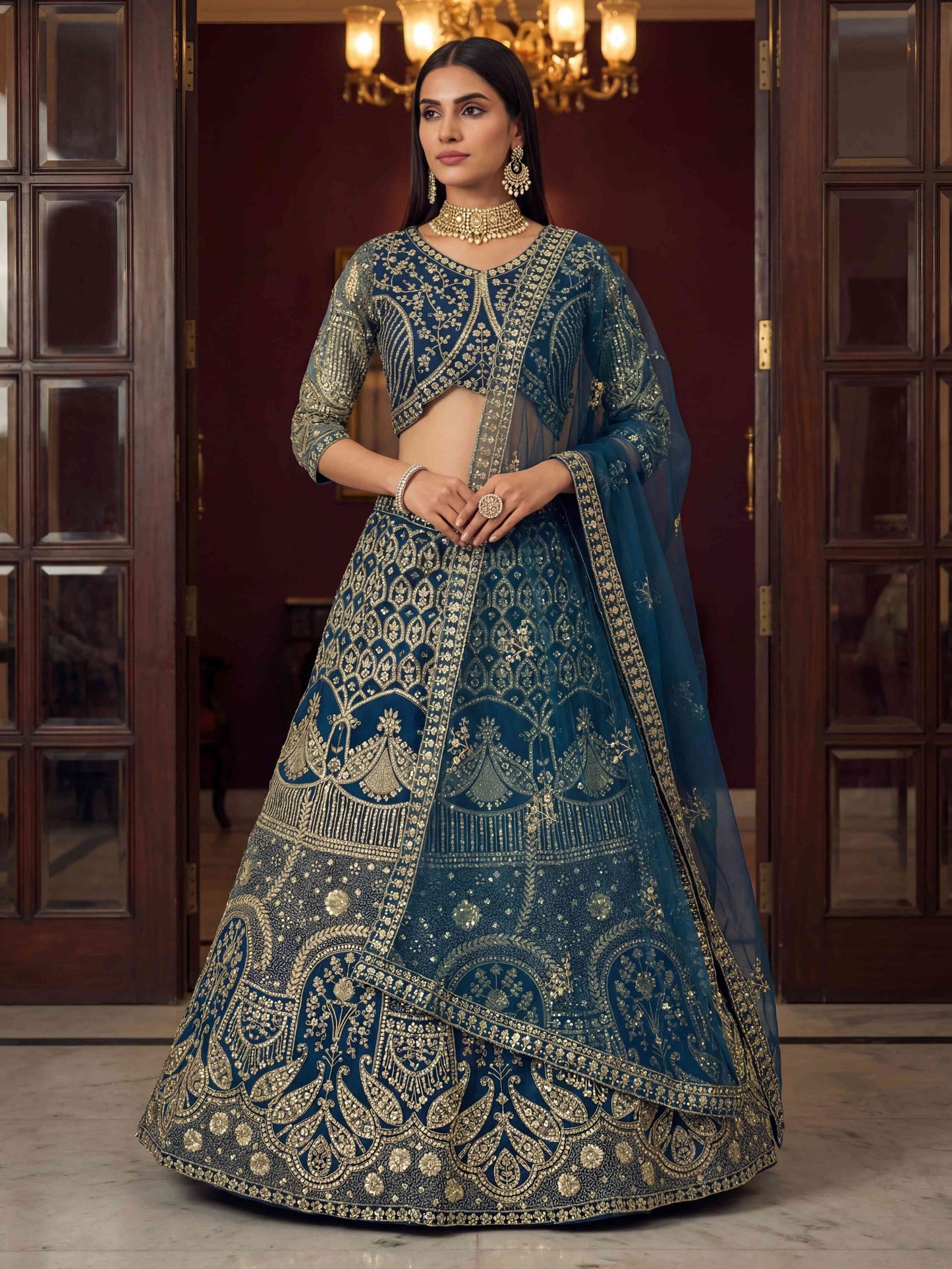Royal Teal Blue Embroidered Bridal Lehenga Set