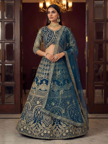 Royal Teal Blue Embroidered Bridal Lehenga Set